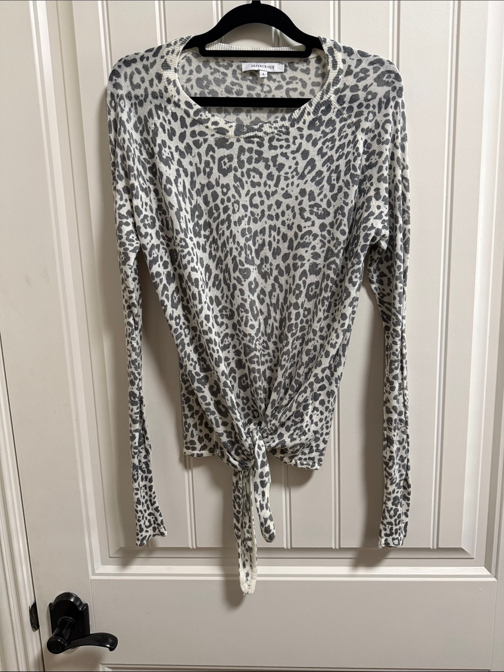 Olivaceous Gray Leopard Print Tie-Front Scoop Neck Sweater